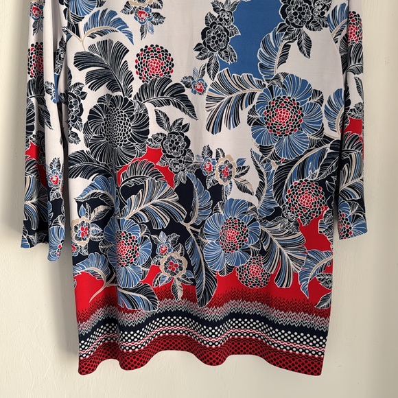 Chicos Tunic Top Women’s 2 Large Floral Print 3/4 Sleeve Blue V Neck - Picture 9 of 11